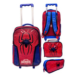Kit Mochila Escolar Infantil Spider Rodinha 17 Grande