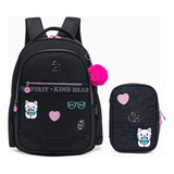 Kit Mochila Escolar Juvenil C Estojo Box Organizador 100 Lp Cor Preto Desenho Do Tecido Lisa