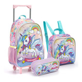 Kit Mochila Escolar Rodinha Menina Estojo Lancheira Infantil