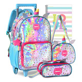 Kit Mochila Estojo Caderno Lancheira Infantil Clio Style Escolar Unicórnio Lovers Rodinhas Menina Holografica