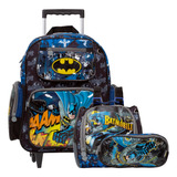 Kit Mochila Infantil Menino Com Rodinhas Batman Tam G Preta