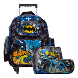 Kit Mochila Infantil Menino Com Rodinhas Batman Tam G Preta