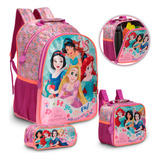 Kit Mochila Infantil Princesas Alça Costas Reforçada Rosa