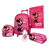 Kit Mochila Minnie Rosa Escolar Mala Infantil Rodinhas