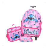 Kit Mochila Rodinha Escolar Juvenil Infantil Lancheira Rosa