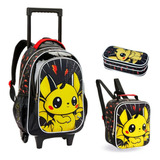 Kit Mochila Rodinha Pikachu Lancheira Estojo Infantil Escola Cor Preto