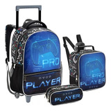 Kit Mochila Vídeo Game Pro Player Rodinha Lancheira Estojo