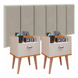 Kit Mozão Quarto 2 Mesa Cabeceira Retrô Painel Cama Casal Box 1 40 Bege Com Off White