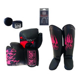 Kit Muay Thai Feminino luva caneleira bandagem bucal