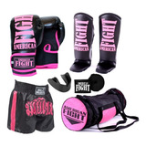 Kit Muay Thai Luva Caneleira Bolsa Shorts Bandagem Buc Rosa