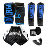 Kit Muay Thai Luva Caneleira Shorts Bandagem Bucal Azul