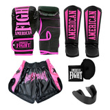 Kit Muay Thai Luva Caneleira Shorts Bandagem Bucal Rosa