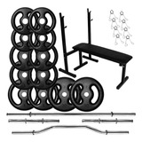 Kit Musculação 50kg Anilhas 4 Barras Ocas Banco Supino