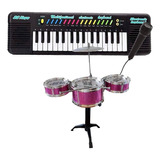 Kit Musical Bateria Teclado Infantil Piano 47cm Microfone
