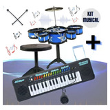 Kit Musical Infantil Mini Bateria Teclado Piano 32 Teclas