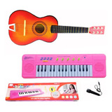 Kit Musical Piano Teclado Rosa Mini Violão Infantil Menina