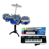 Kit Musical Teclado Infantil Mini Bateria Com Banquinho 2