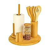 KIT ORGANIZADOR DE BANCADA COM UTENSÍLIOS DE BAMBU E POTES