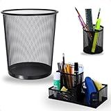 Kit Organizador De Escritório 3 Peças - Lixeira Aramada- Porta-Canetas E Porta-Trecos Preto Fosco - Ideal Para Home Office- Mesa De Trabalho E Decoração Moderna