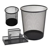 Kit Organizador De Escritório Preto Porta Treco Caneta Lixo