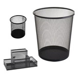 Kit Organizador De Escritório Preto Porta Treco Caneta Lixo
