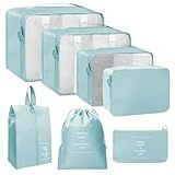 Kit Organizador De Malas Para Viagem 7 Peças Conjunto Organizador Completo Bolsas Necessaire Sapatos Maquiagem Roupas Bagagem Organizada -Azul-
