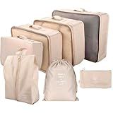 Kit Organizador De Malas Para Viagem 7 Peças Conjunto Organizador Completo Bolsas Necessaire Sapatos Maquiagem Roupas Bagagem Organizada -Bege-