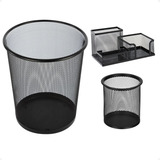 Kit Organizador De Metal Telado Para Mesa Escritório Lixeira