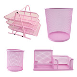 Kit Organizador Escritório Lixeira Bandeja Porta Caneta Rosa