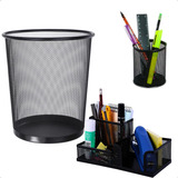 Kit Organizador Mesa Escritório Lixeira Metal Aramado Telado