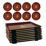 Kit P 8 Pessoas Jogo Jantar Japonês Molheira Prato Vermelho