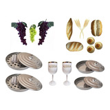 Kit P Santa Ceia C Bandejas Taças Pães E Uvas Artificiais