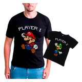 Kit Pai E Filho Camisetas Mario E Luigi Play 1 Play 2 Jogo