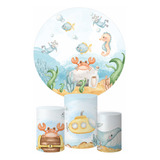 Kit Painel Redondo 3 Capas Cilindro Fundo Do Mar Aquarela