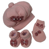 Kit Pandora Boina Sapatinho Par De Luvinhas Rosa