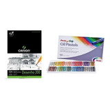Kit Papel Desenho Canson E Giz Oil Pastel Pentel 50 Cores