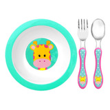Kit Papinha Pratinho Bowl Garfo E Colher Inox De Girafa Buba