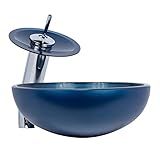 Kit Para Banheiro Cuba 30cm Azul Escuro Com Torneira Cascata E Válvula