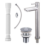 Kit Para Banheiro Lavabo Torneira Bica Alta Aço Escovado Válvula 7 8 Metal Cromada Engate Flexivel Sifão Beltempo