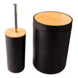 Kit Para Banheiro Lixeira Escova Sanitaria Tampa Bambu