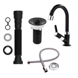Kit Para Banheiro Preto Torneira Válvula Sifão E Engate