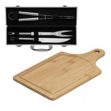 Kit Para Churrasco 3 Peças Inox E Maleta Presente Tábua