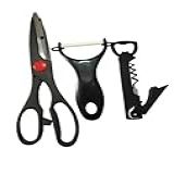 Kit Para Cozinha 3 Peças Tesoura Descascador Abridor Saca Rolha
