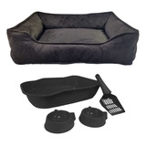 Kit Para Gatos Caixa De Areia E Potes E Cama Pet De Suede G Cor Preto Desenho Liso
