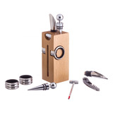Kit Para Vinho Completo Com 6 Pçs Inox E 1 Suporte Madeira
