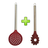 Kit Pegador De Macarrão E Escumadeira Silicone C Cabo Inox