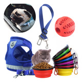 Kit Peitoral Coleira Bebedouro Brinquedo Cinto Segurança Pet