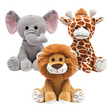 Kit Pelúcia Safari Leãozinho Elefantinho E Girafa Buba