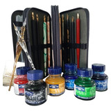 Kit Pena Caligrafia Leonardt Italic Round Scroll Ouro Nankim