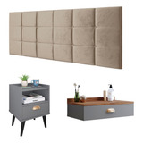Kit Penteadeira Gloss Mesa Estilo Cabeceira Bia Quarto Casal Cor Cinza Freijó Bege Suede